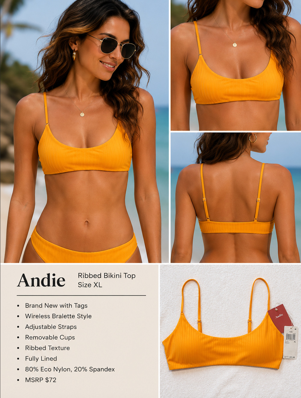 Andie The Maui Wide Rib Bikini Top - Tangerine - Size XL - New With Tags